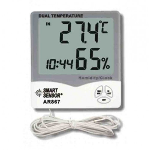 Smart Sensor AR867 Dual Digital Humidity &amp; Temperature Meter With Clock - product image